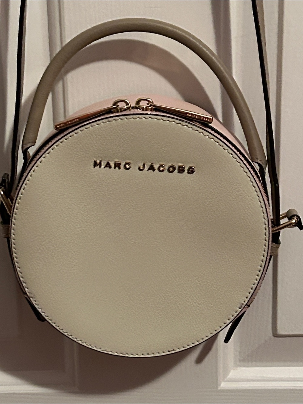 Marc Jacobs Cream and Pink Round Crossbody Bag with Gold Hardware